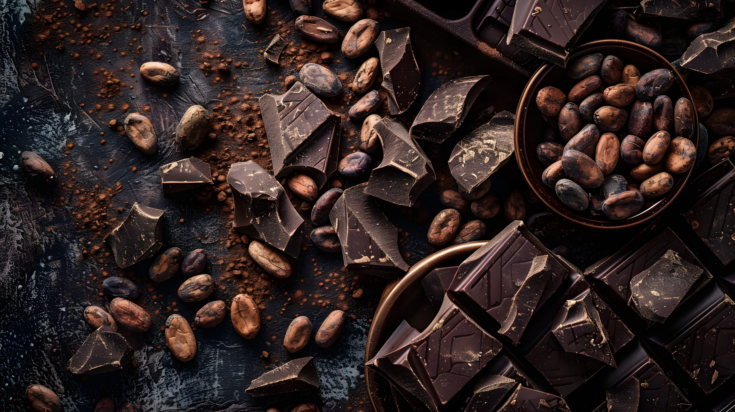 Dark chocolate and cocoa and coffee beans.